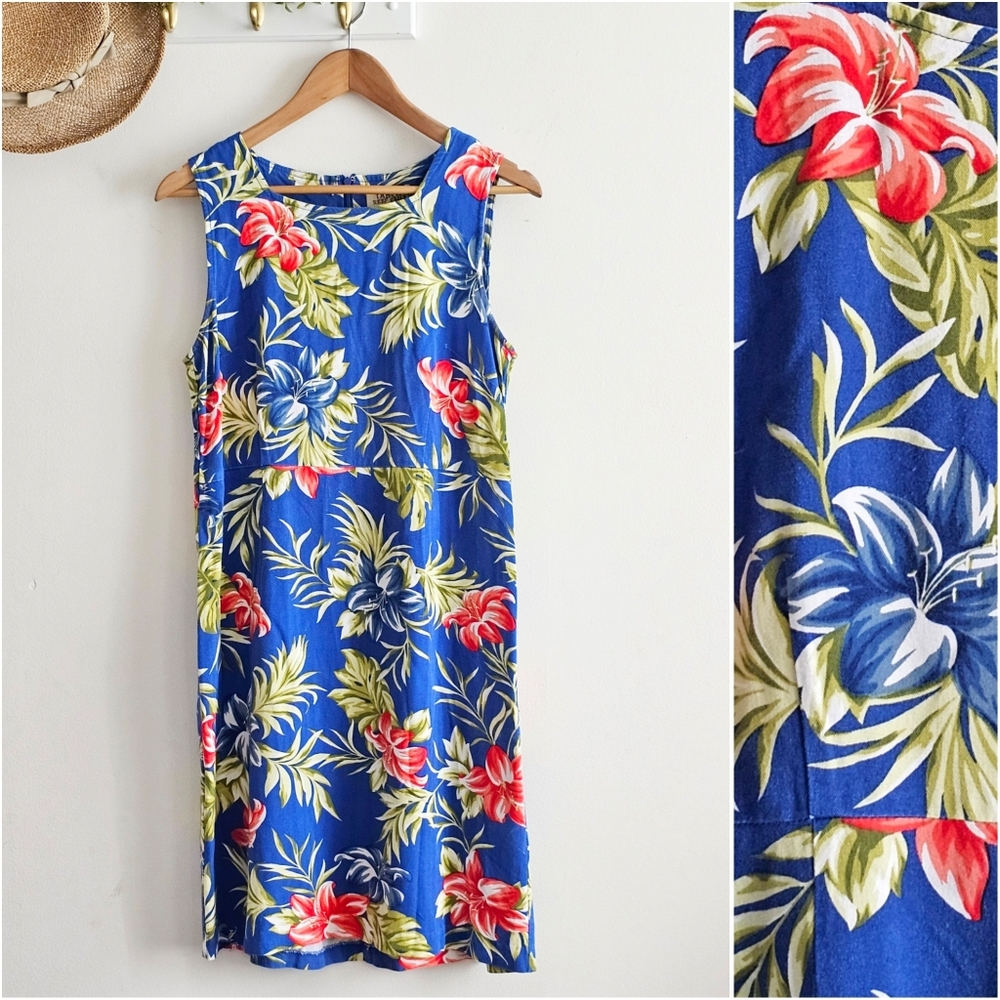 Tahiti Reef Blue Tropical Floral Sleeveless Dress M Hawaiian Vacation Resort M